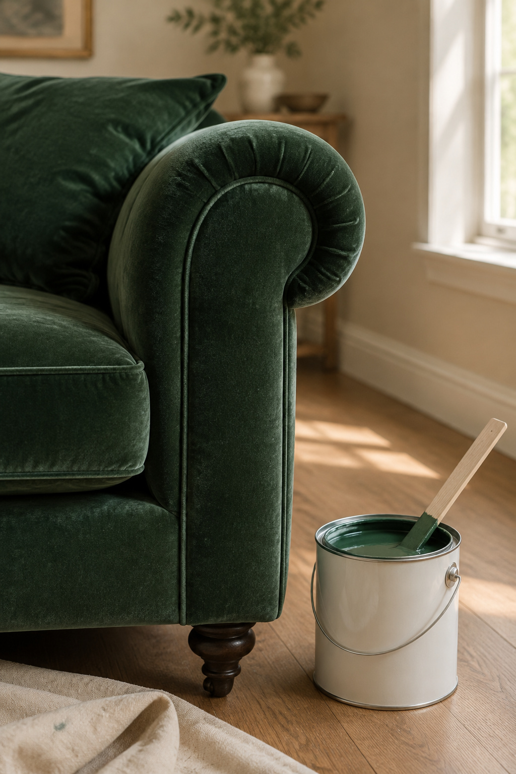 Open paint can and drop cloth beside the arm of a deep green velvet sofa in a warm oatmeal living room