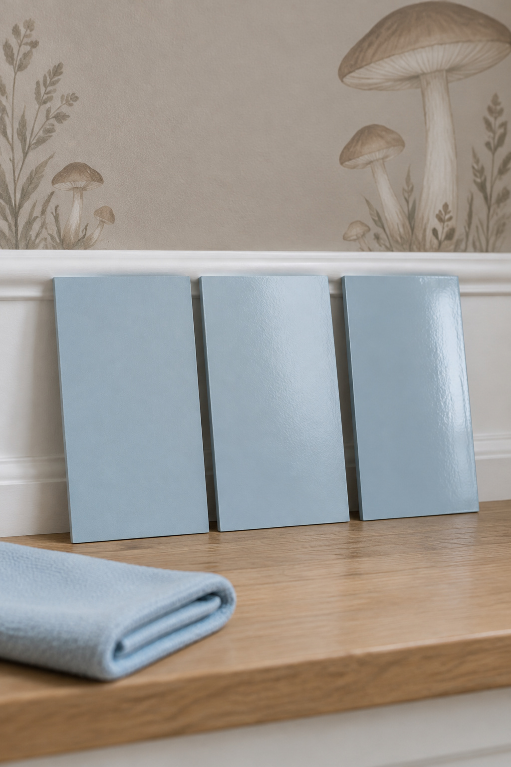 Three powder-blue paint test boards in flat, satin and semi-gloss leaning against a white chair rail in raking light