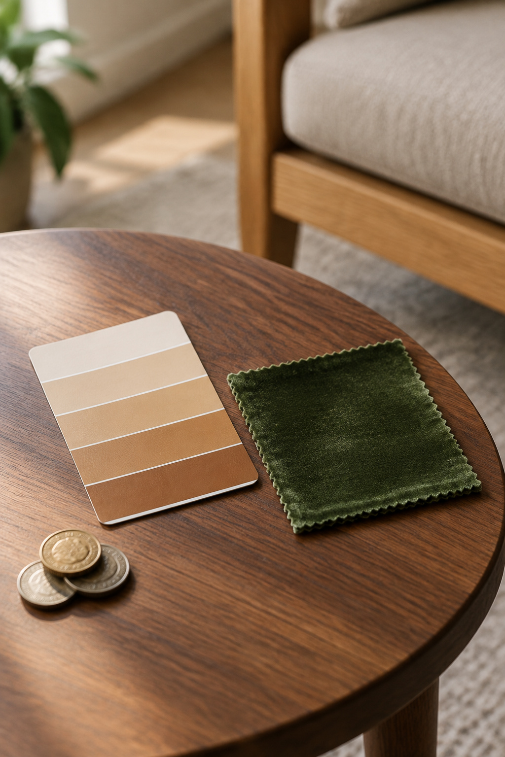 Paint swatch and green velvet fabric sample laid on a walnut side table with a small stack of coins