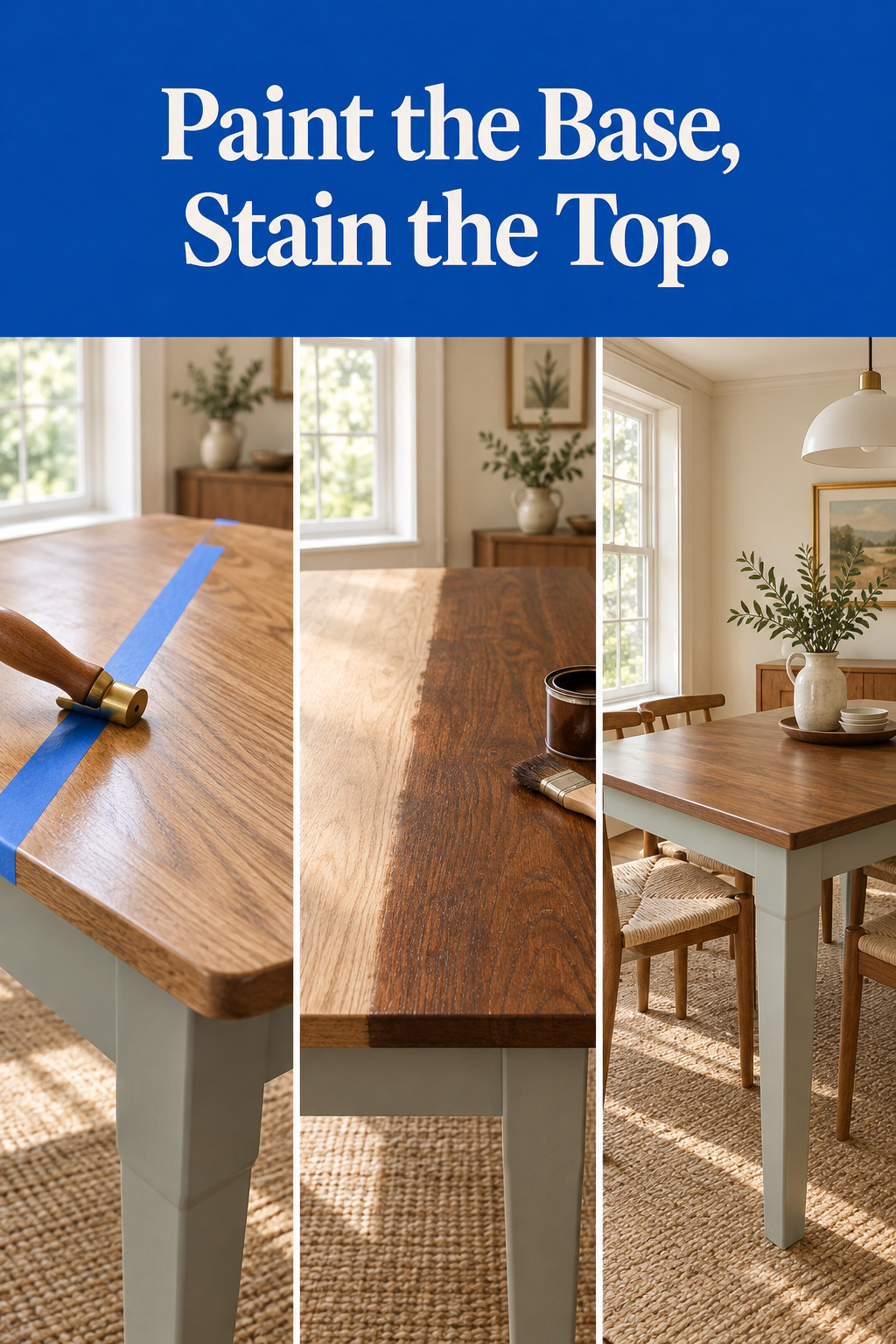 Pinterest pin collage showing tape line burnishing, a half-stained tabletop, and a finished two-tone dining table