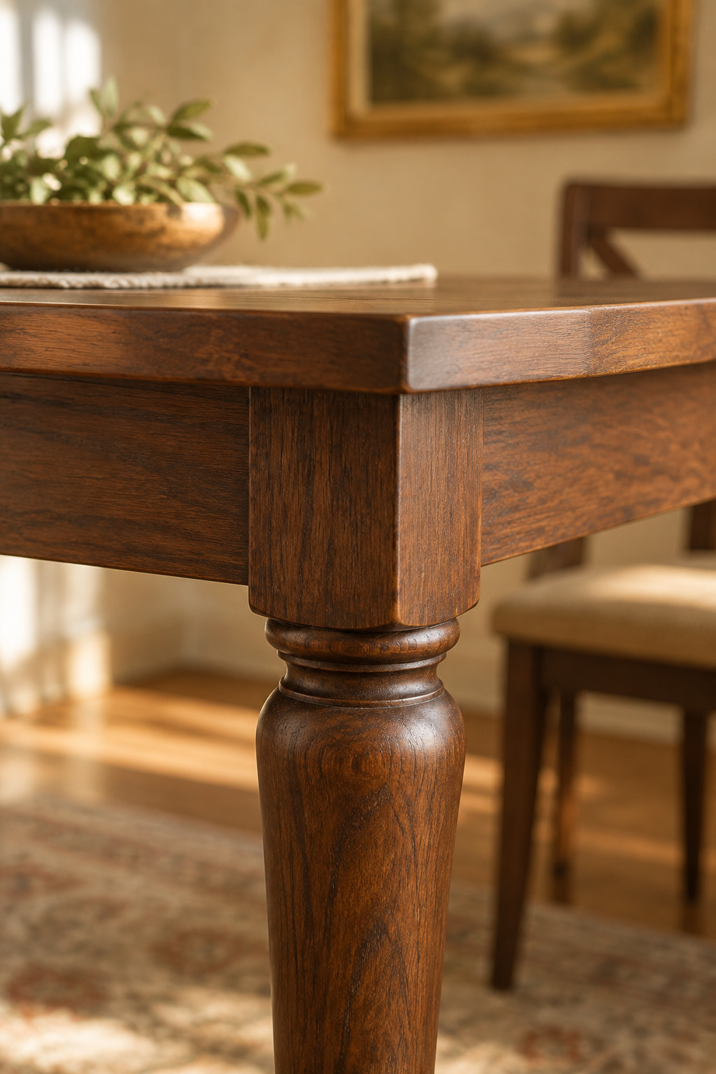 Close-up of a dining table corner where a satin-painted leg meets a stained solid-wood tabletop at the apron line
