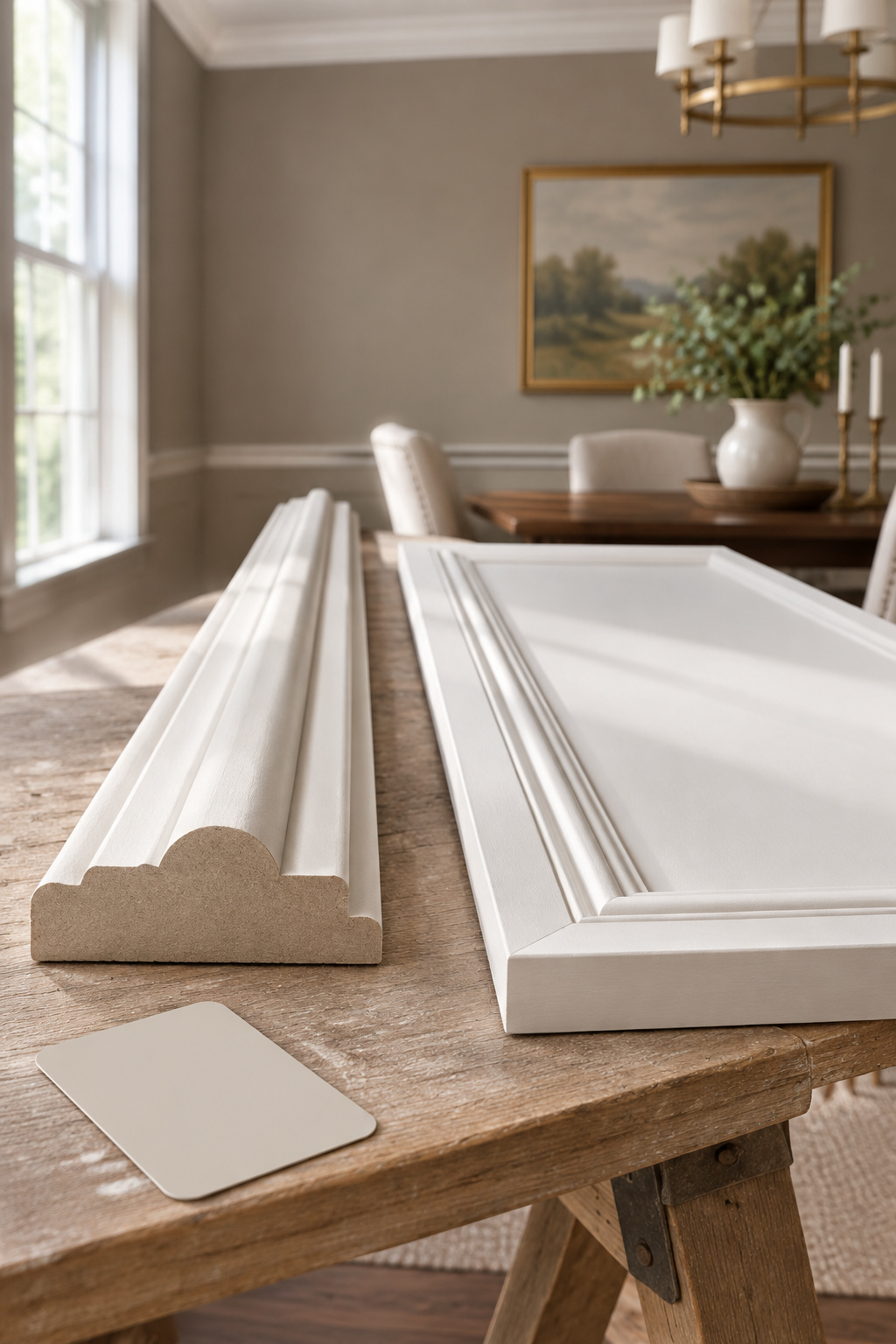 Primed MDF molding next to a painted chalk white panel sample showing crisp profile and edge