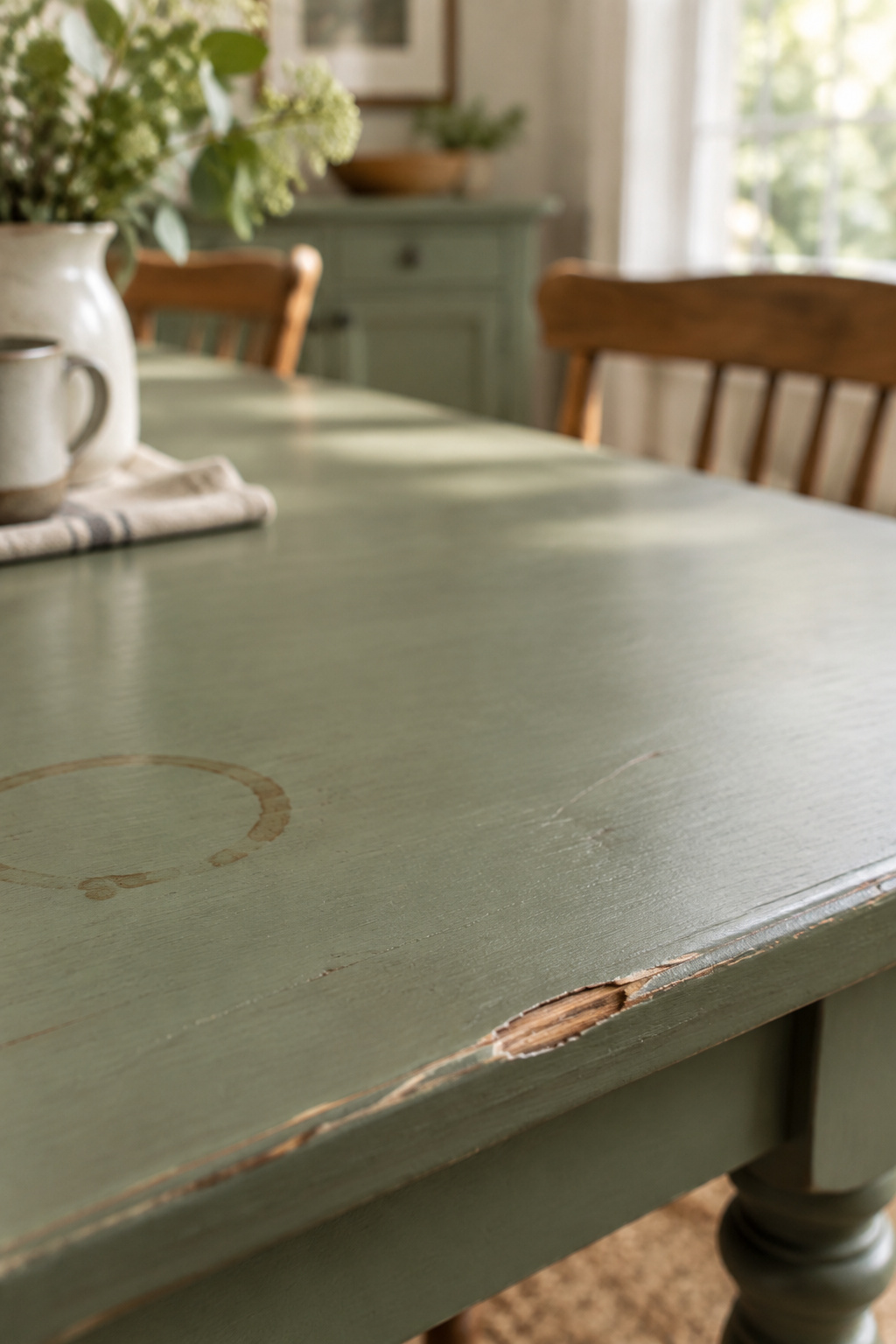 Section of a sage green painted tabletop with a small chip near the edge revealing the wood underneath