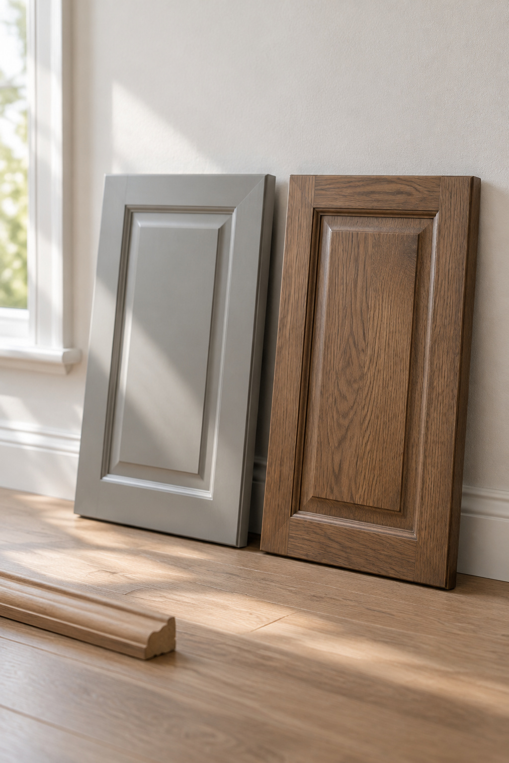 Two raised-panel sample boards leaning against a wall, one painted pewter grey and one stained brown with visible wood grain