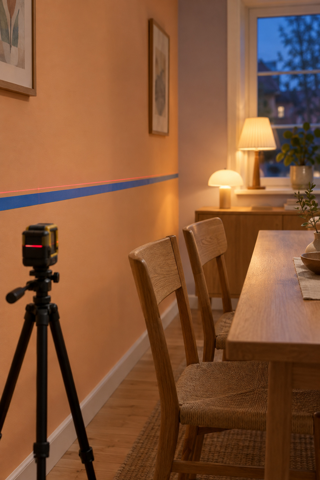 Blue painter's tape marking a level line on an apricot wall behind pulled-in wooden dining chairs with a laser level beside it