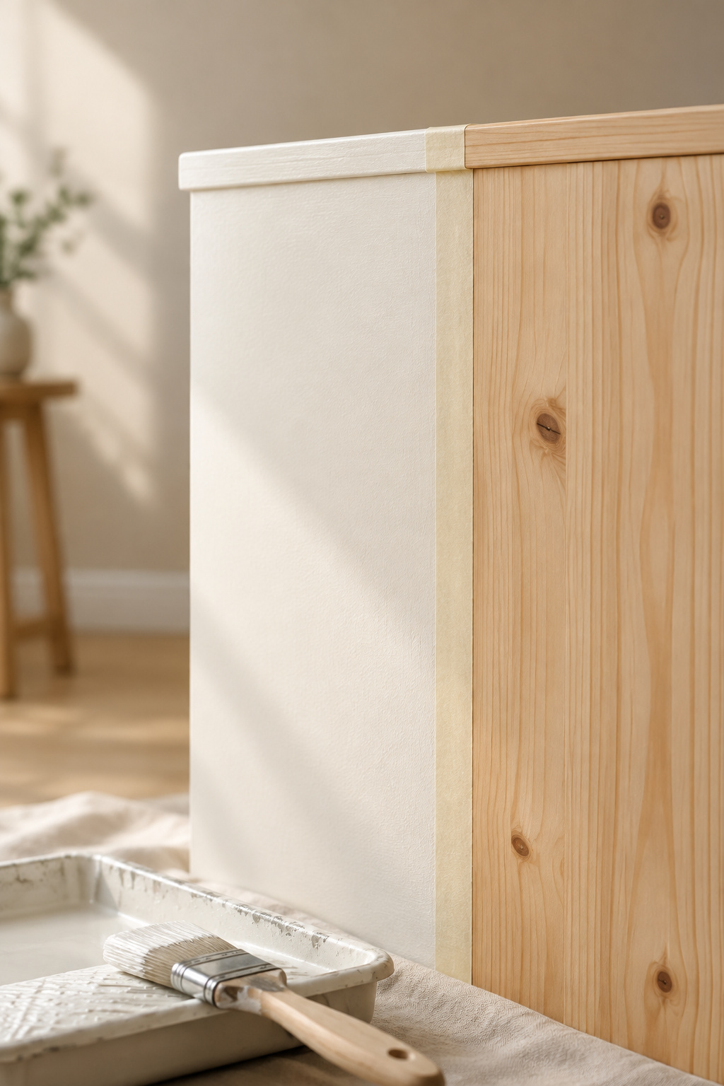 Painter's tape line dividing a warm cream-white painted section from bare pine on a table apron