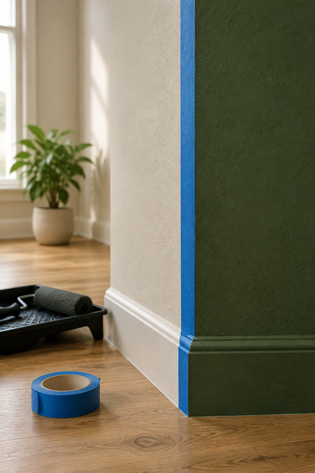 Painter's tape marking the exact boundary of a green accent wall before painting begins