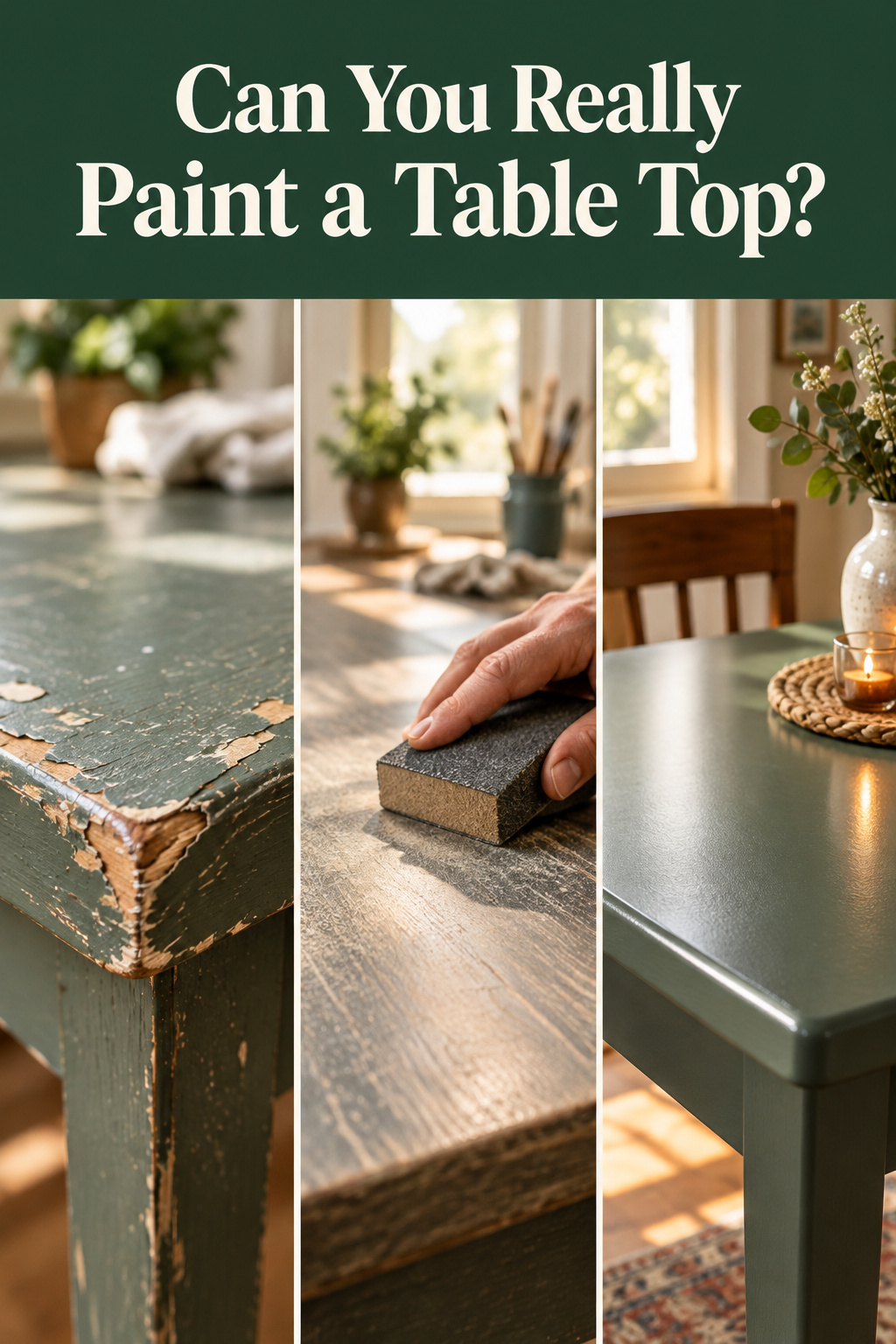 Three-panel Pinterest pin showing chipped paint, a sanding block dulling a tabletop's sheen, and a finished satin-painted dining table, with the headline Can You Really Paint a Table Top