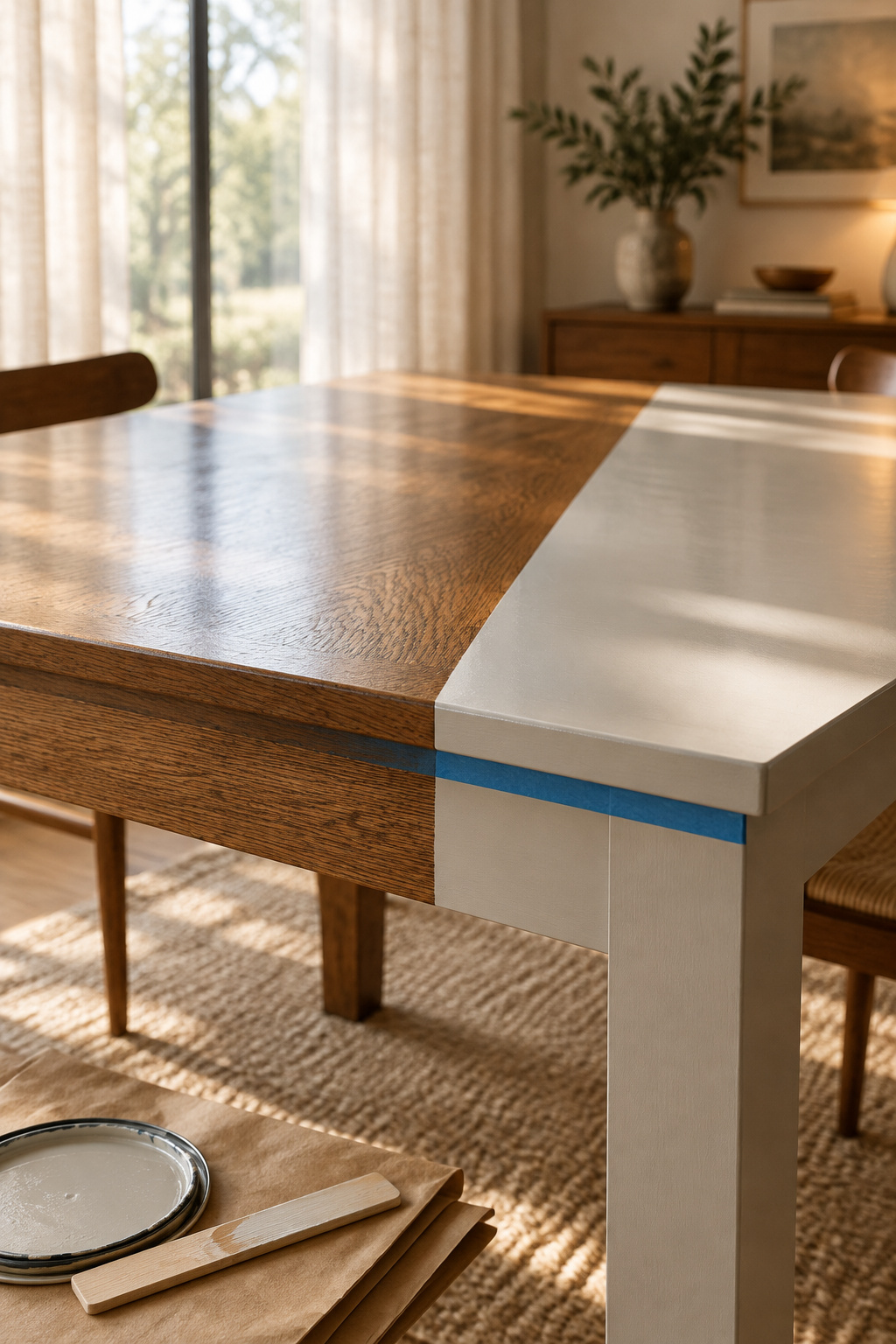 Dining table top mid-project with a painter's tape line dividing a stained oak half from a freshly painted half