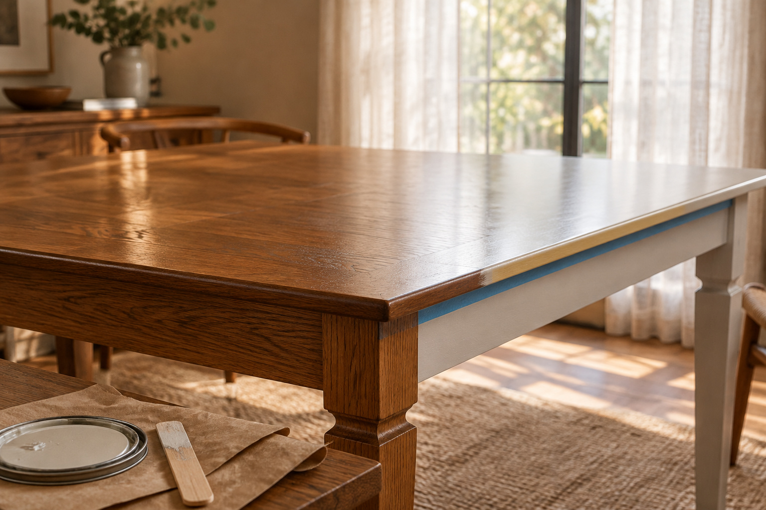 Dining table top mid-project with a painter's tape line dividing a stained oak half from a freshly painted half