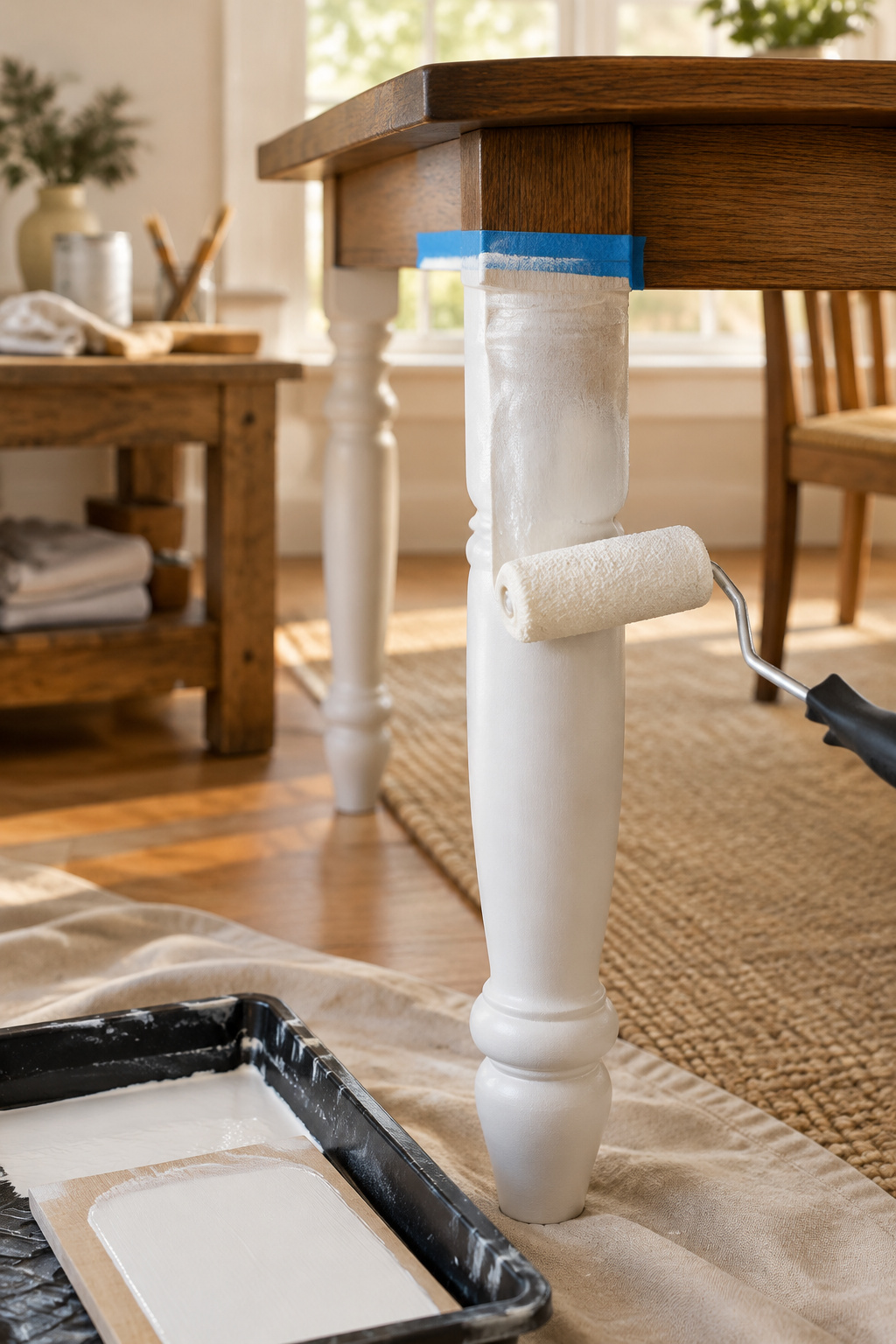 Foam roller applying a satin white base coat to a turned table leg, painter's tape marking the apron line above