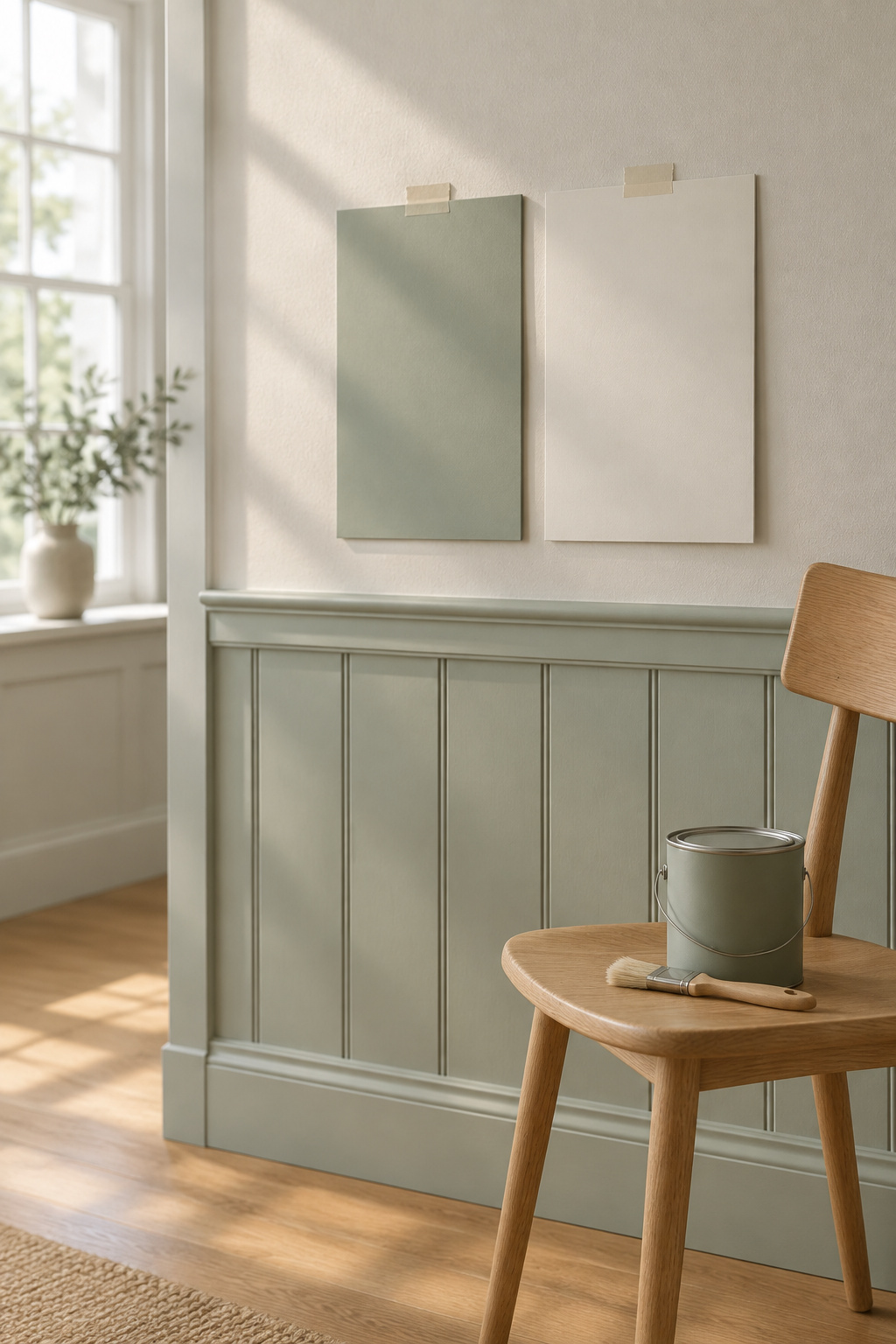 Two paint sample boards in celadon and warm white taped to a painted wainscot wall beside a plain oak chair