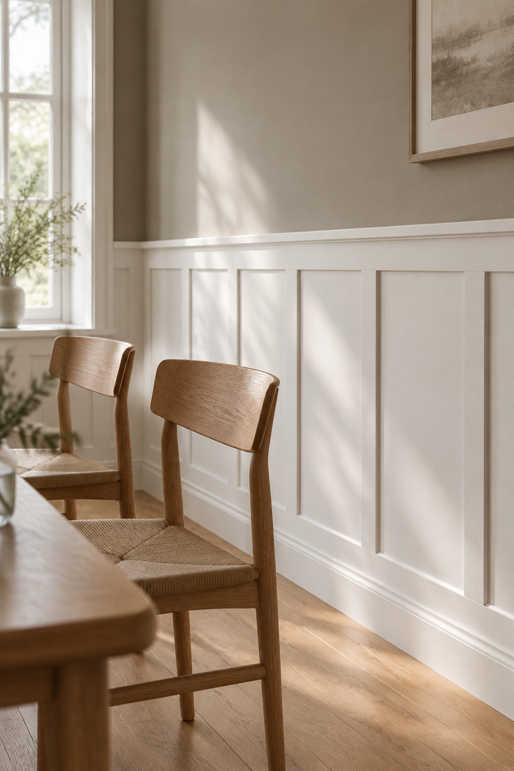 Chalk-white painted wainscot under a warm greige upper wall with plain oak dining chairs pushed back to the panels