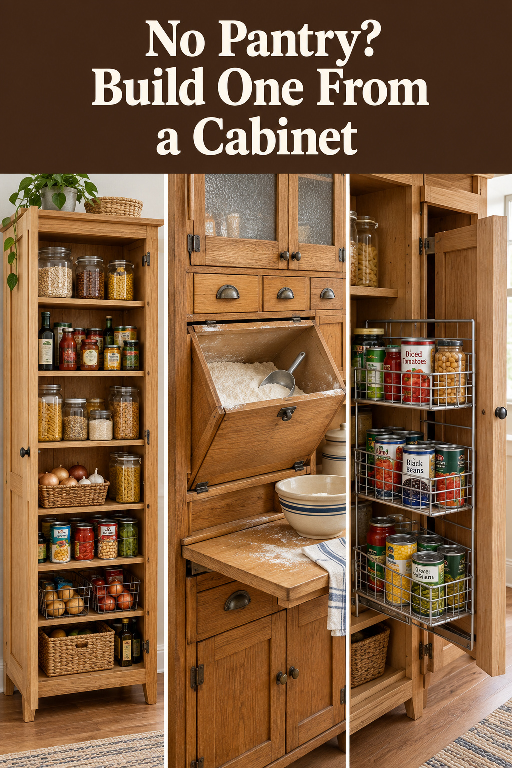 Pinterest pin showing a freestanding pantry cabinet, a vintage Hoosier cabinet flour bin, and a pull-out shelf basket, titled No Pantry? Build One From a Cabinet