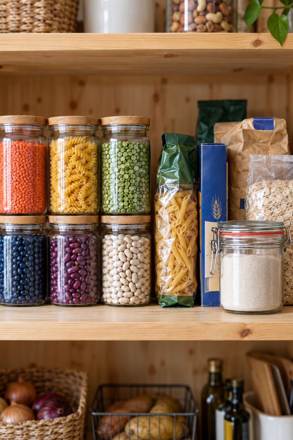 Split pantry shelf comparing uniform decanted glass jars on one side with a cereal box, rice bag and single flour canister on the other