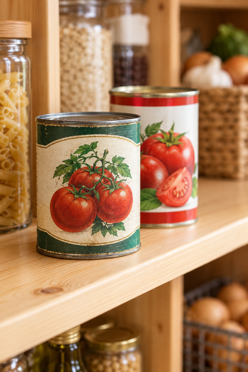 Two labeled canned goods on a pantry shelf with the older, closer-dated can positioned at the front