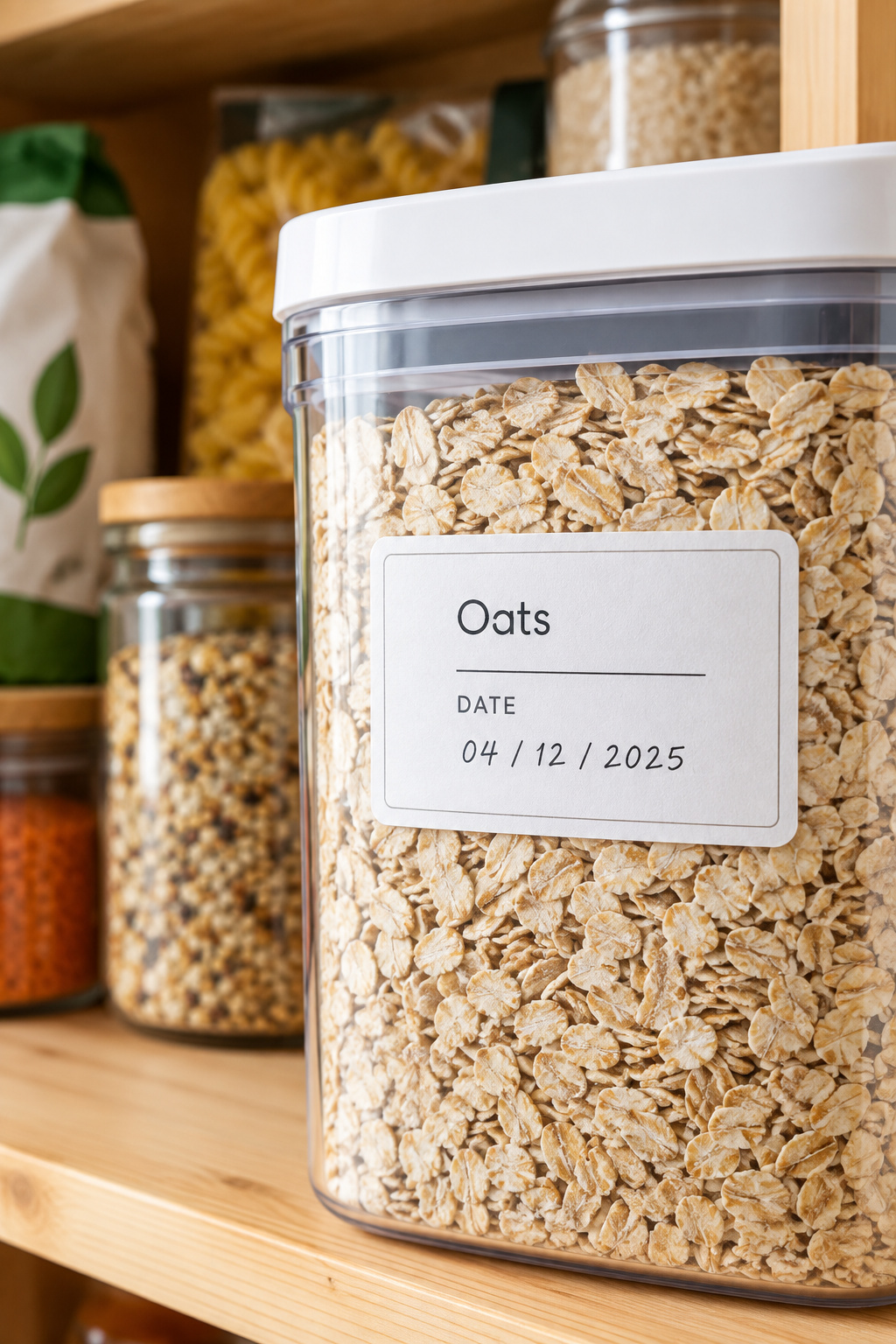 A crisp printed date label on a pantry food storage container