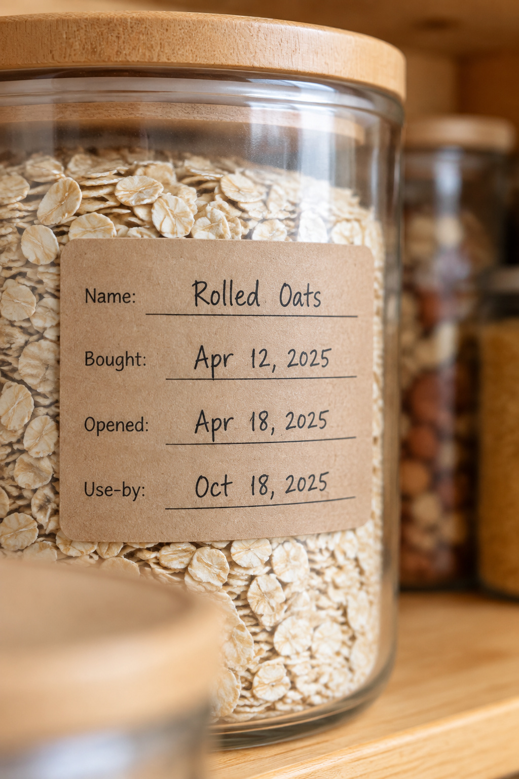 A handwritten pantry label with four filled-in fields: name, bought, opened, and use-by