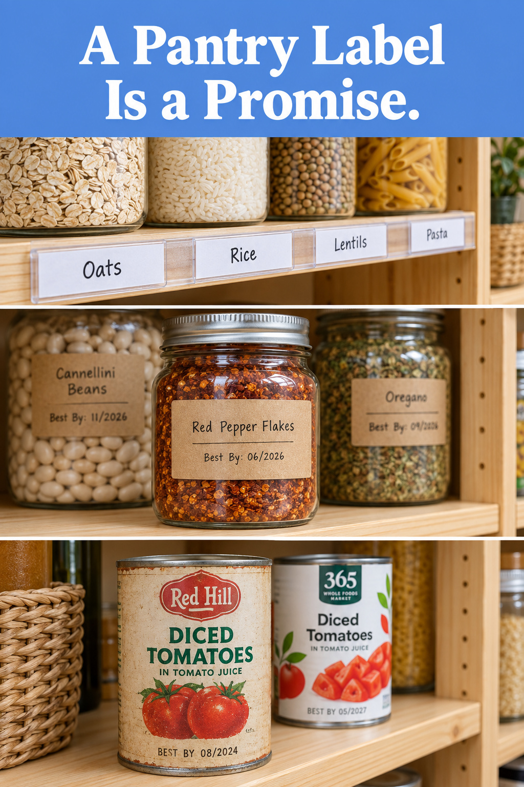 Pinterest pin collage showing a shelf label, a dated jar label, and rotated canned goods in a pantry, titled A Pantry Label Is a Promise