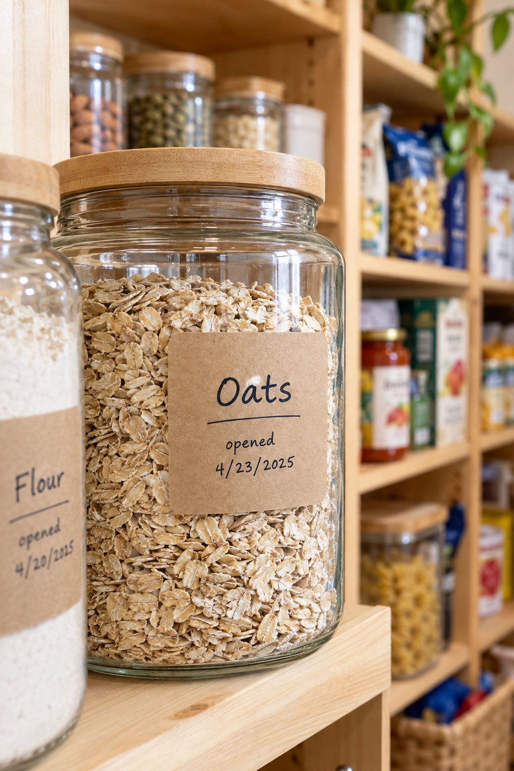A kraft pantry label with a handwritten food name and date stuck to a glass jar of oats on a wooden shelf