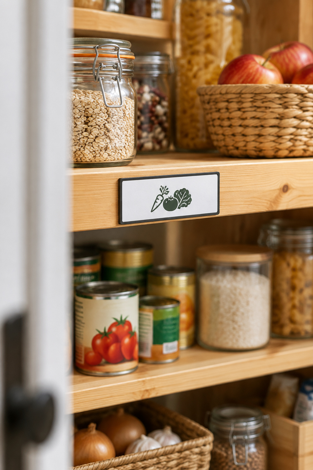 A bold, high-contrast pantry shelf label seen from several feet away through an open pantry doorway