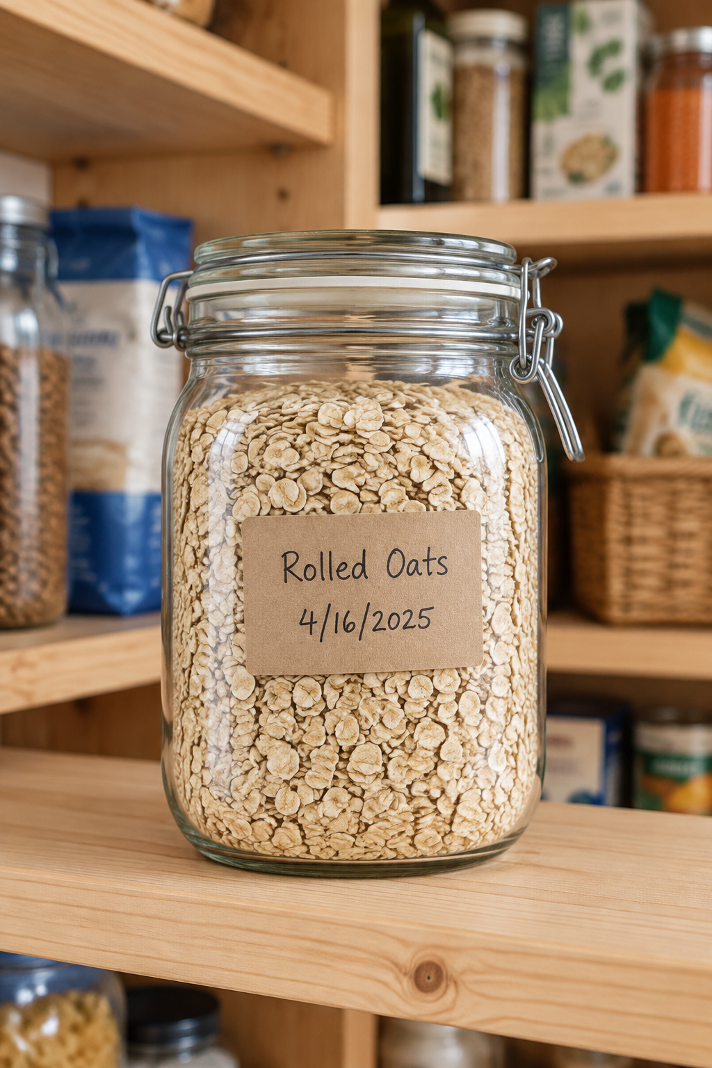 A single glass jar with a handwritten kraft label sits among real canned and boxed pantry food