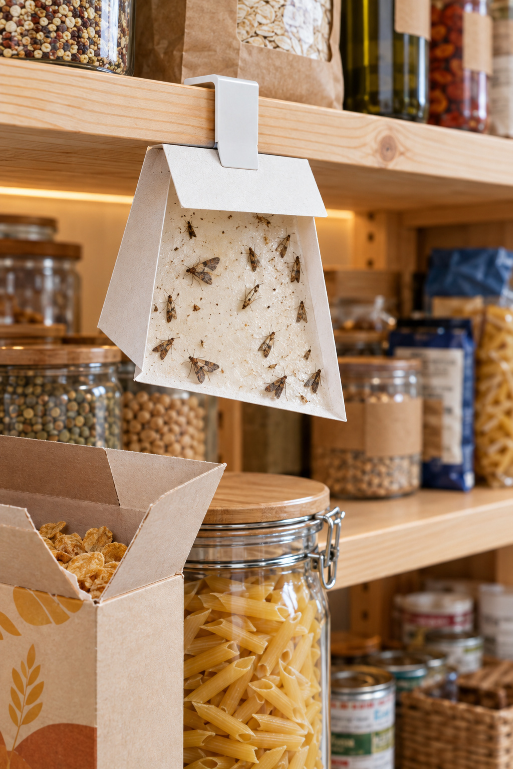 A pheromone pantry moth trap clipped to a wood pantry shelf edge next to real packaged food