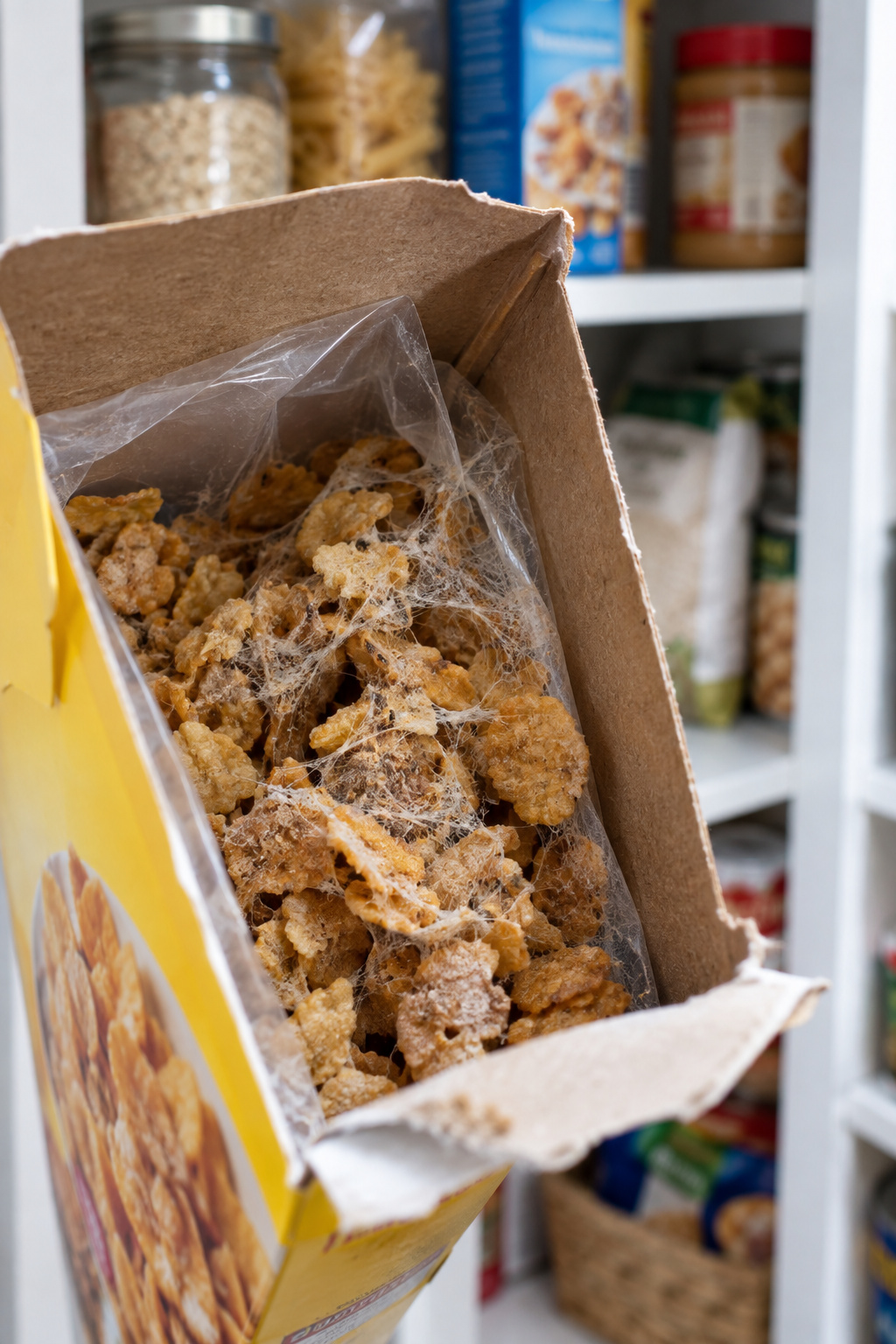 Silk webbing matting cereal together inside an opened cardboard cereal box
