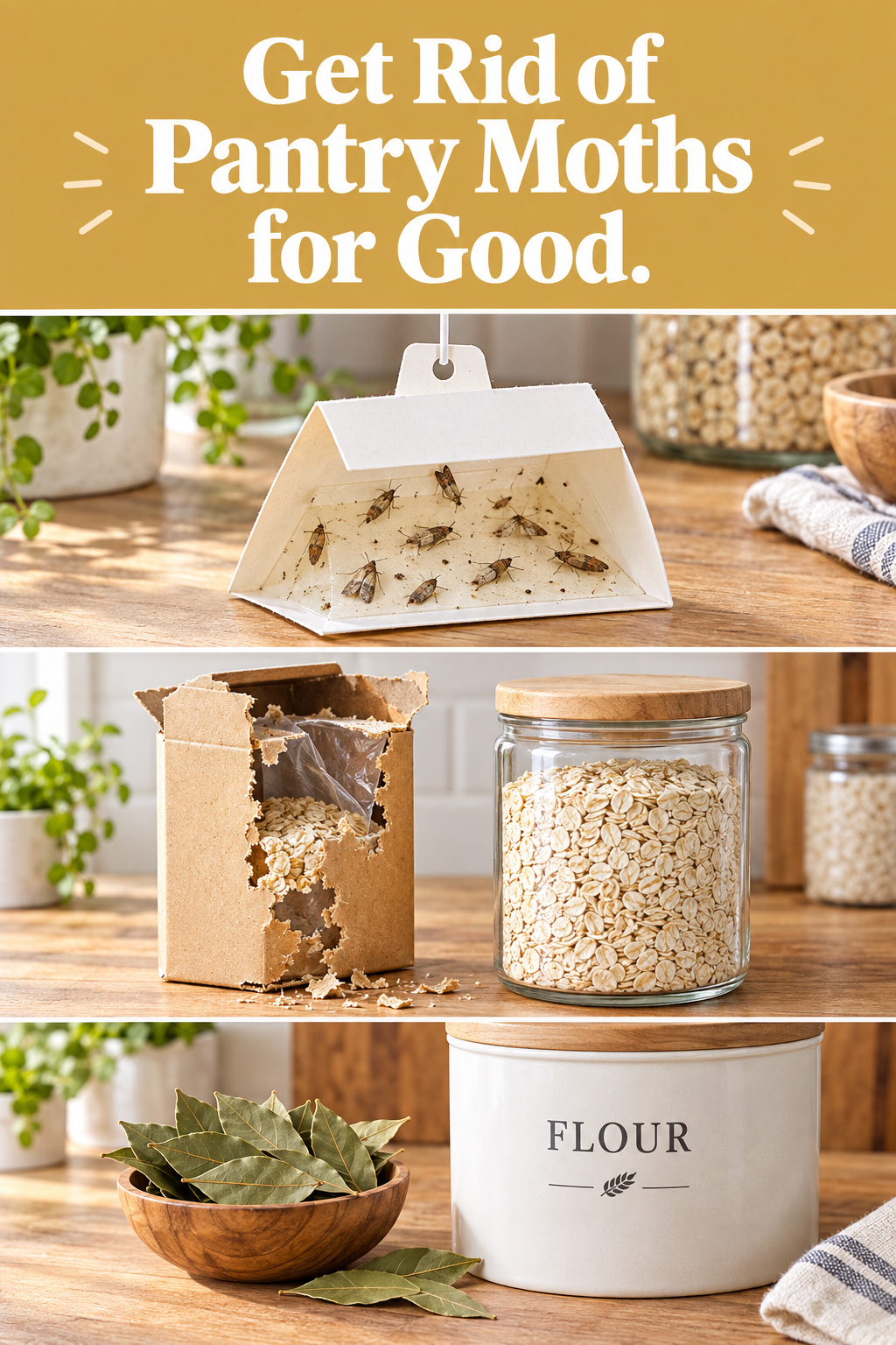Pinterest pin collage showing a pantry moth trap, a chewed cereal box next to a sealed jar, and bay leaves, with the headline Get Rid of Pantry Moths for Good