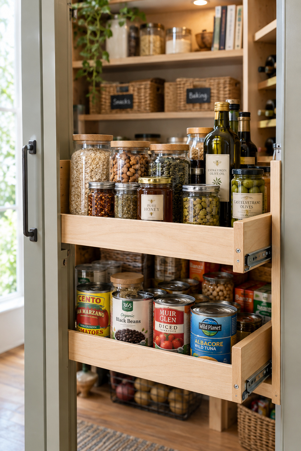 Wooden pull-out pantry shelf extended on metal slides, loaded with jars and canned goods