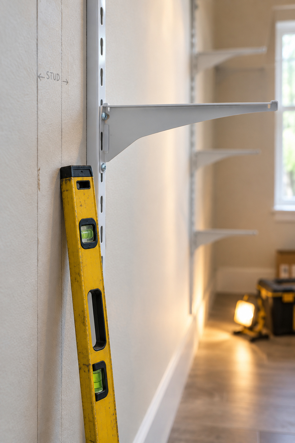 Metal shelf standard and bracket screwed into a wall stud marked with pencil, with a level nearby