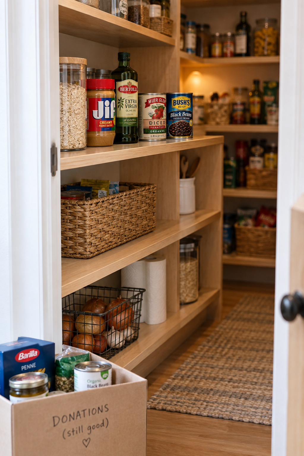Tidy pantry shelf holding only daily-use items with a deliberate stretch of empty shelf left open