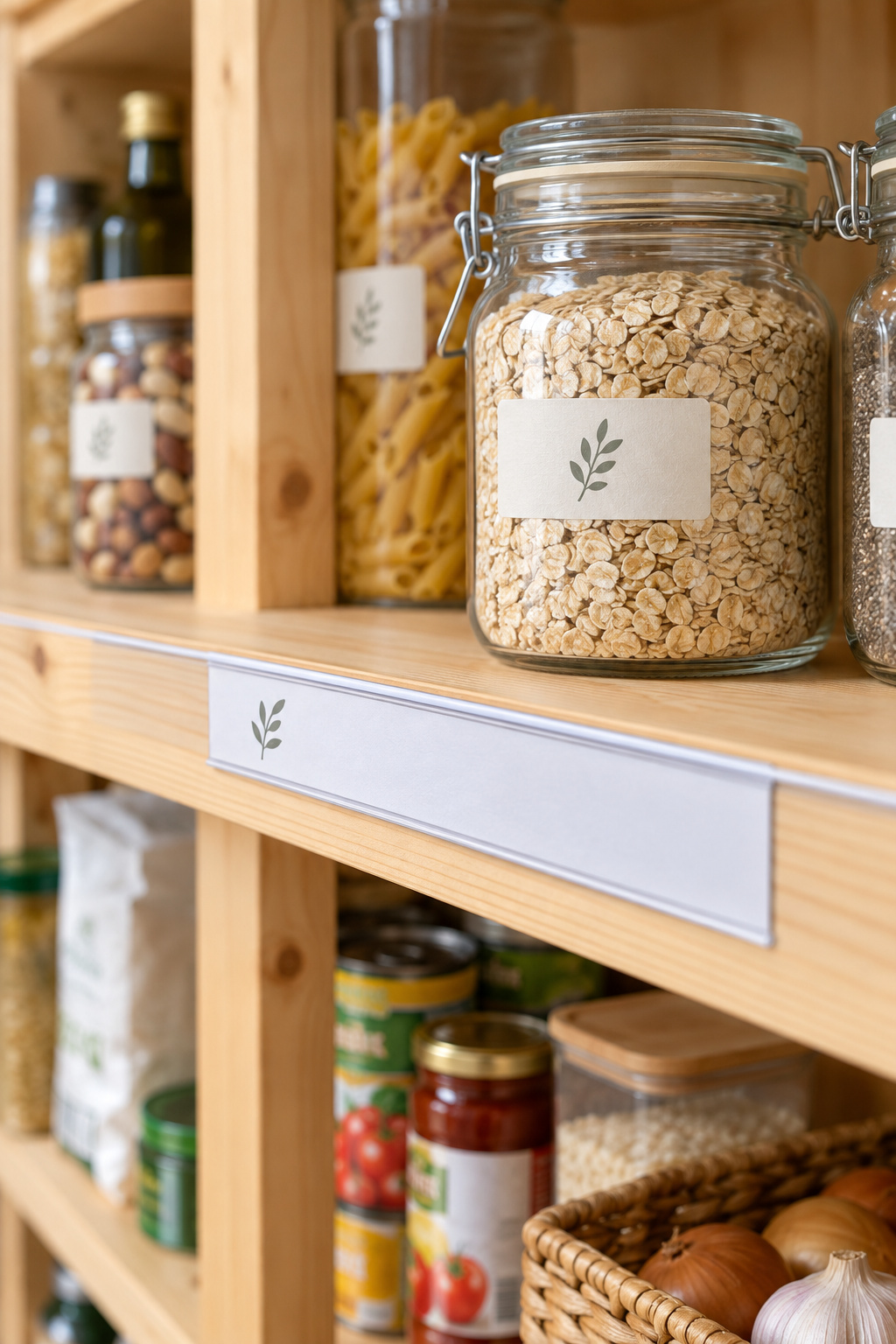 A printed shelf-edge label strip on a wood pantry shelf next to a separately labeled glass container
