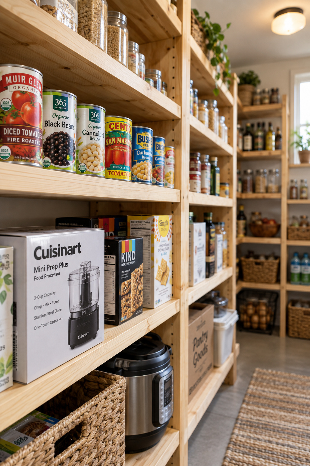 Pantry shelves with tight spacing for canned goods near the top and wider spacing below for cereal boxes and a small appliance