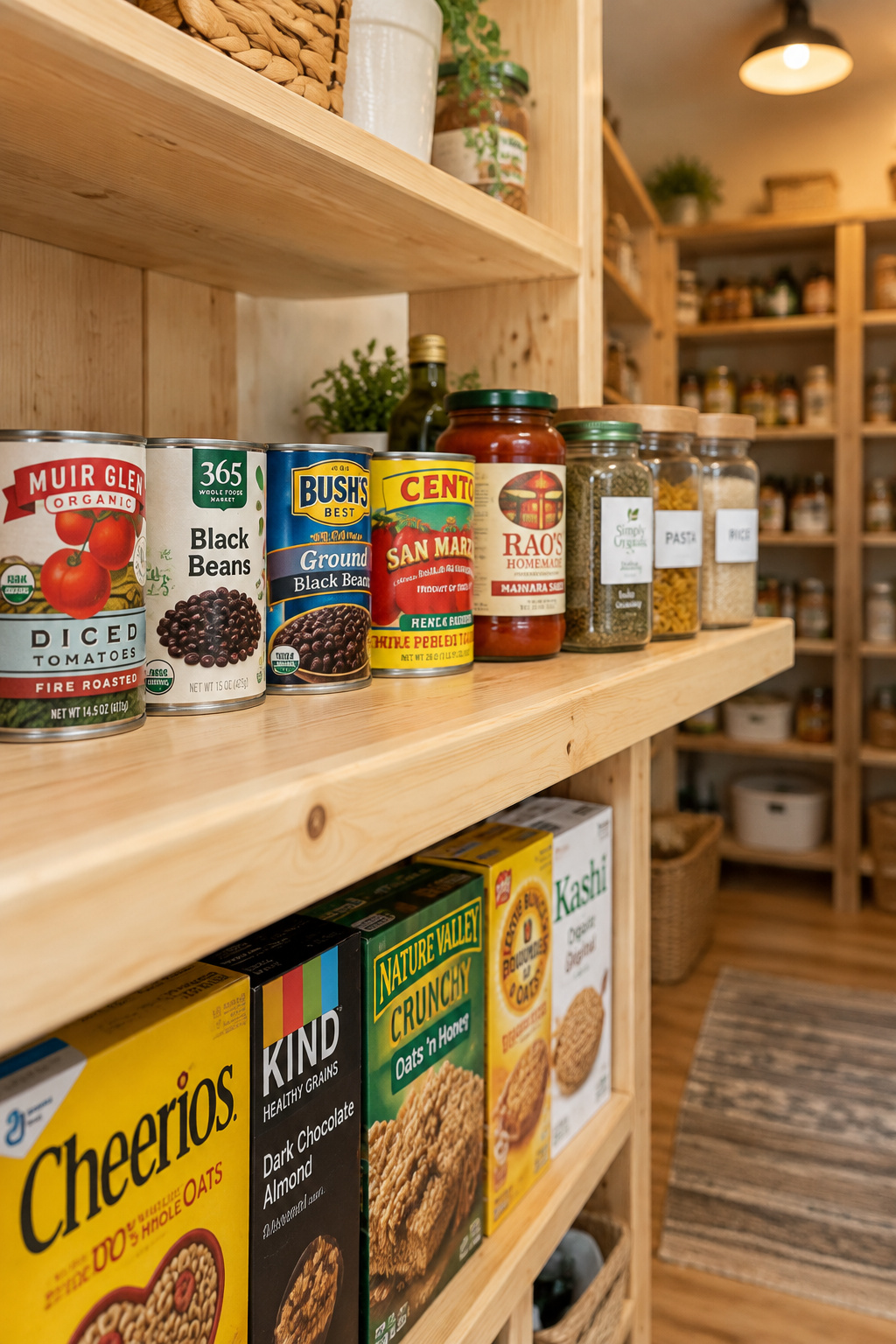 Shallow pantry shelf holding a single visible row of canned goods and labeled jars above a deeper shelf of cereal boxes