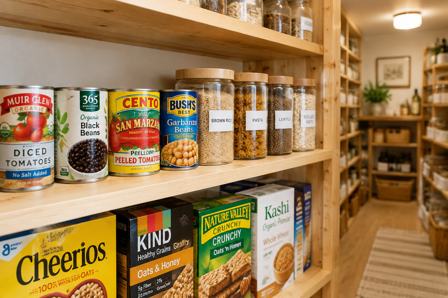 Shallow pantry shelf holding a single visible row of canned goods and labeled jars above a deeper shelf of cereal boxes