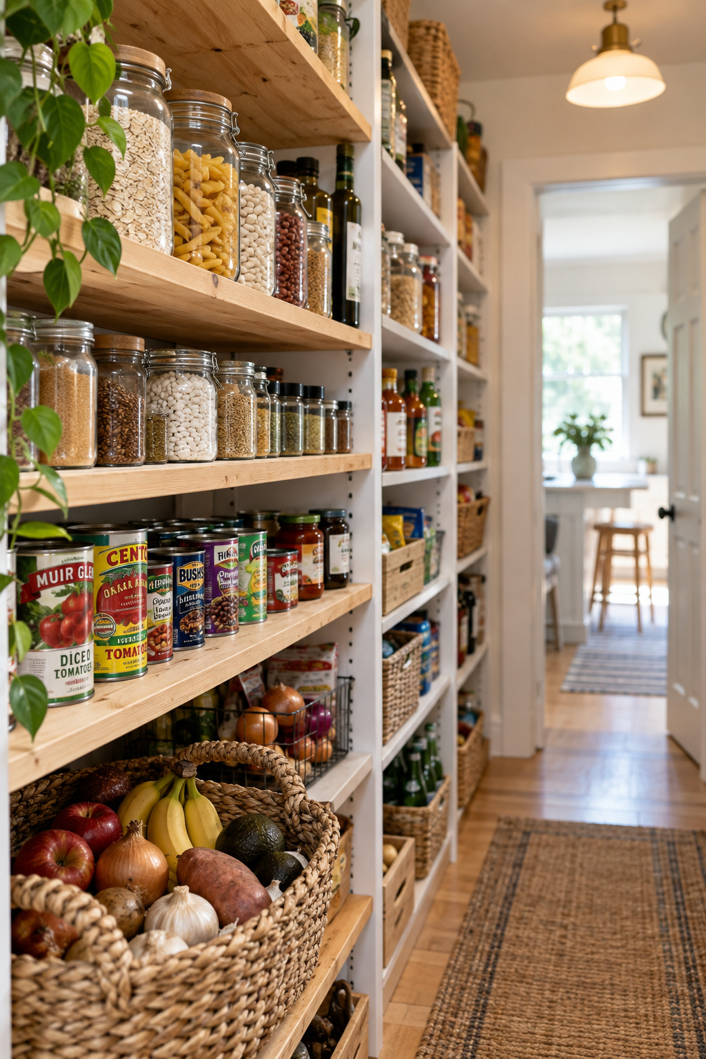 Finished pantry shelving run at varied depths stocked with real canned goods, boxes, and a woven produce basket