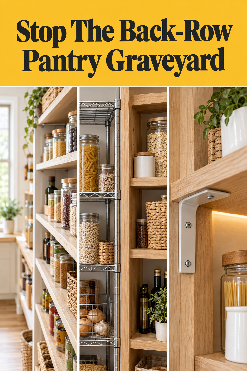Pinterest collage of pantry shelving depth, wire versus wood material, and stud-mounted bracket with headline stop the back-row pantry graveyard