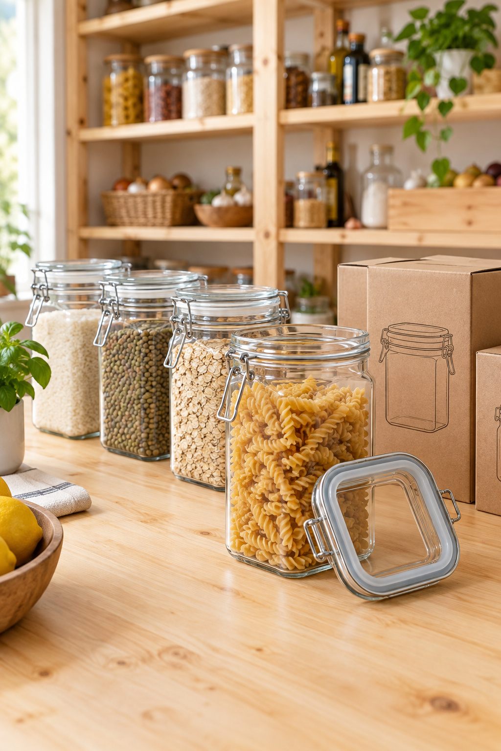 Pantry shelf with square glass storage containers showing black gasket lids next to unopened cereal and pasta boxes left in original packaging