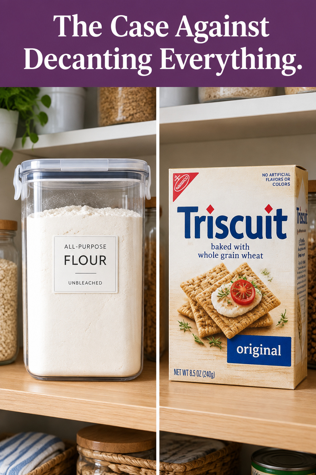 Pinterest pin comparing a decanted flour canister with a gasket lid against an unopened cracker box, headlined The Case Against Decanting Everything