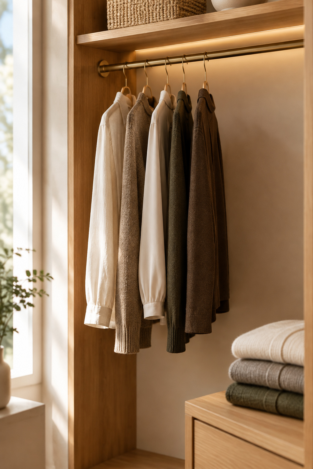 Reach-in closet with a pared-down wardrobe on slim hangers, showing visible space between garments