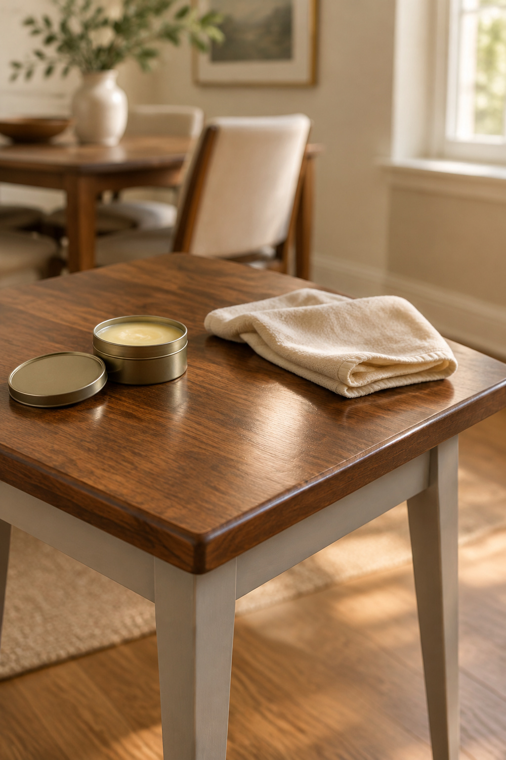 Small waxed accent table with a soft satin sheen and a folded buffing cloth resting on top