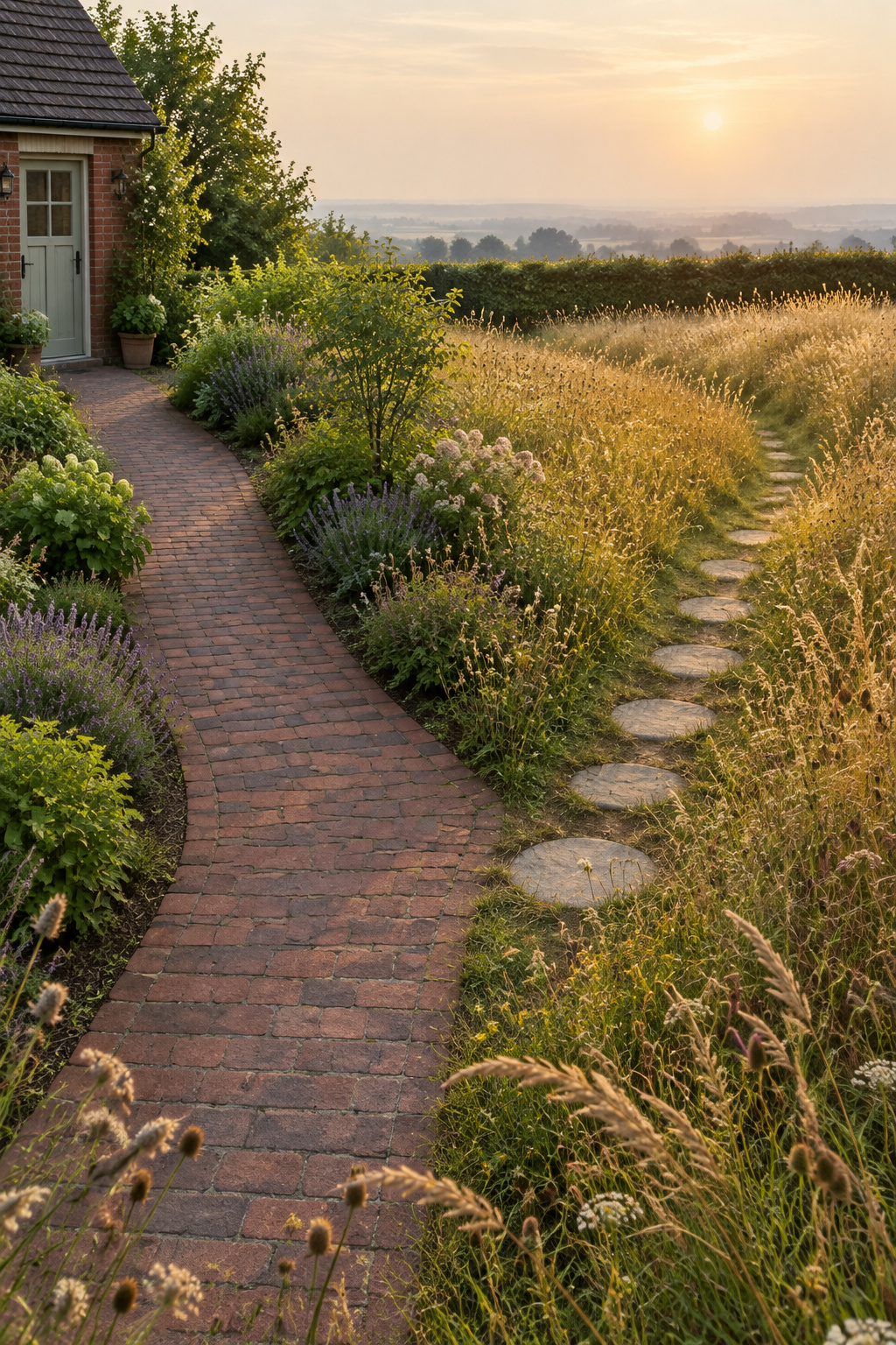 A garden path splitting into a tight brick path toward a back door and round stepping stones leading into meadow grass