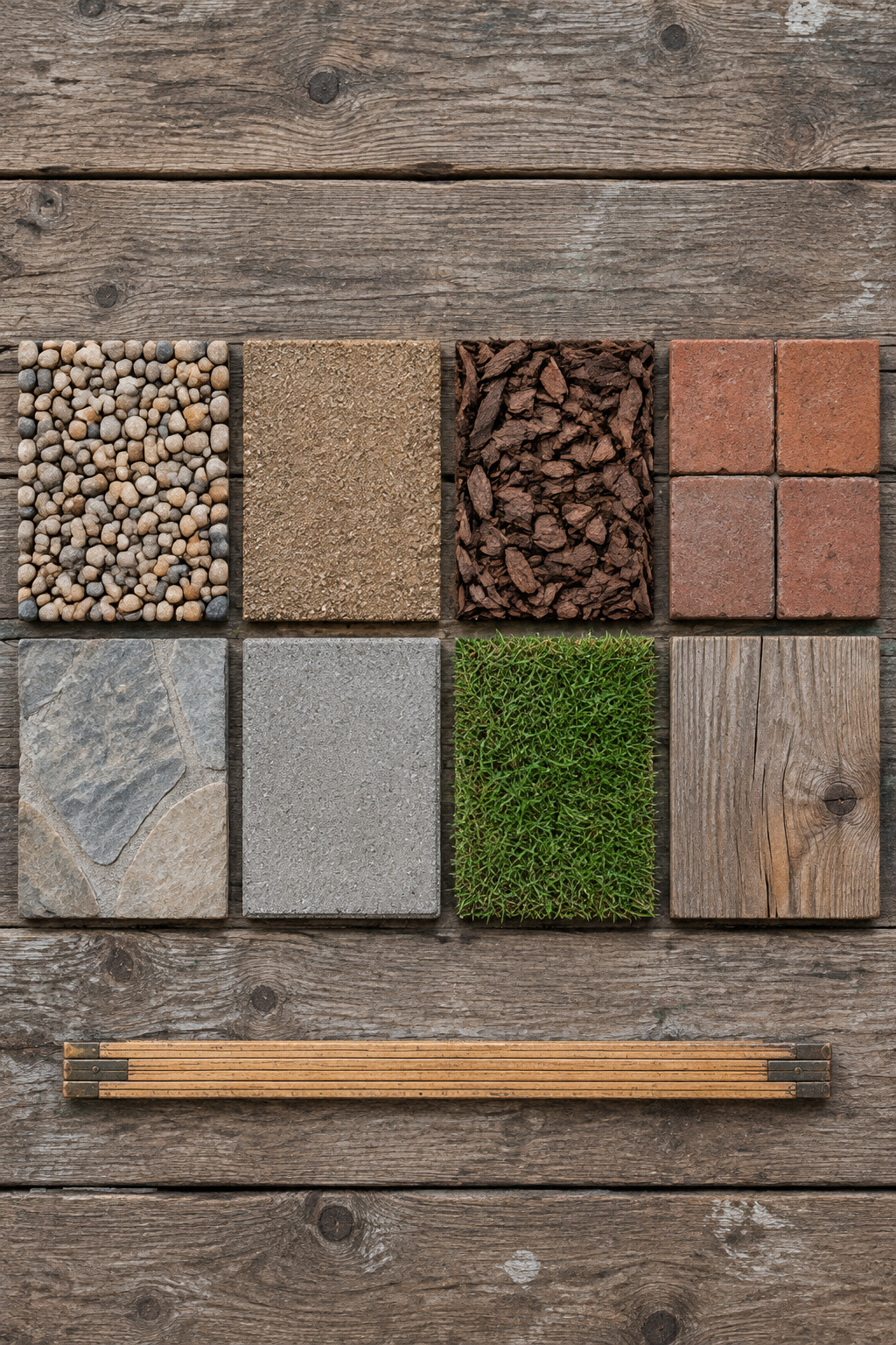 Eight square samples of path surfaces, gravel, fines, bark, brick, flagstone, paver, turf and timber, laid in two rows on a potting bench
