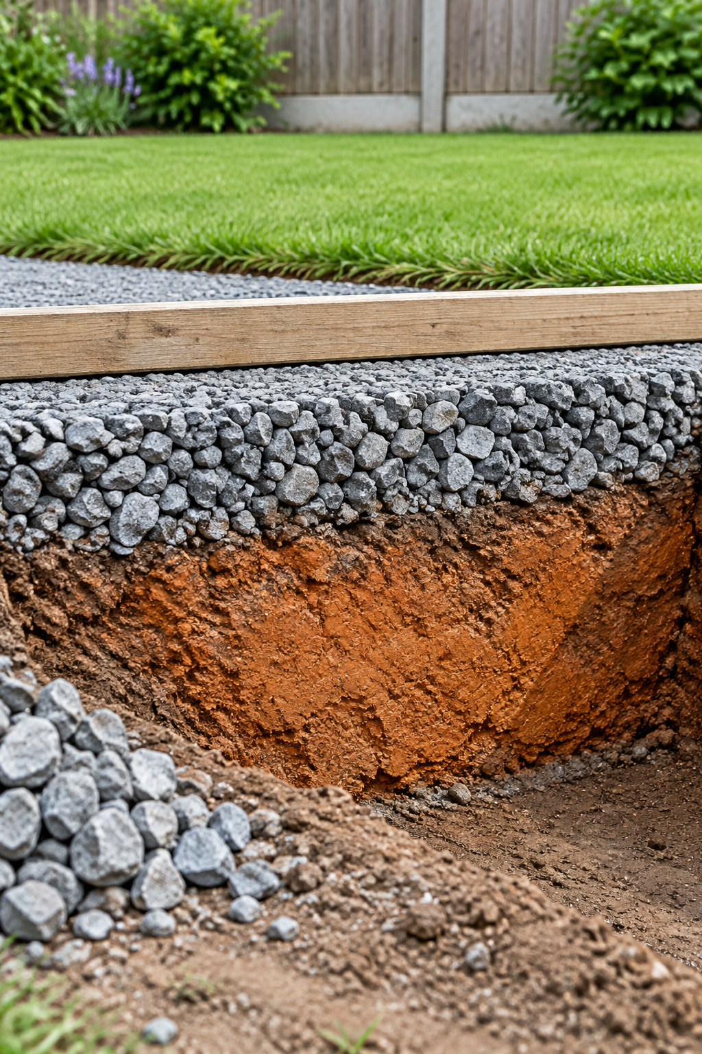 A shallow trench showing compacted grey crushed stone over orange clay soil with a level board laid across it