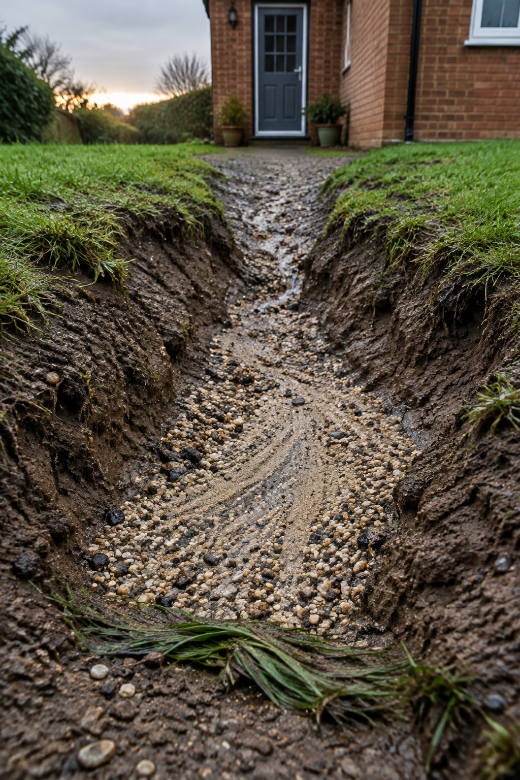 Gully cut down the middle of a bare earth garden path with washed grit spread across the flat at the bottom beside a brick house