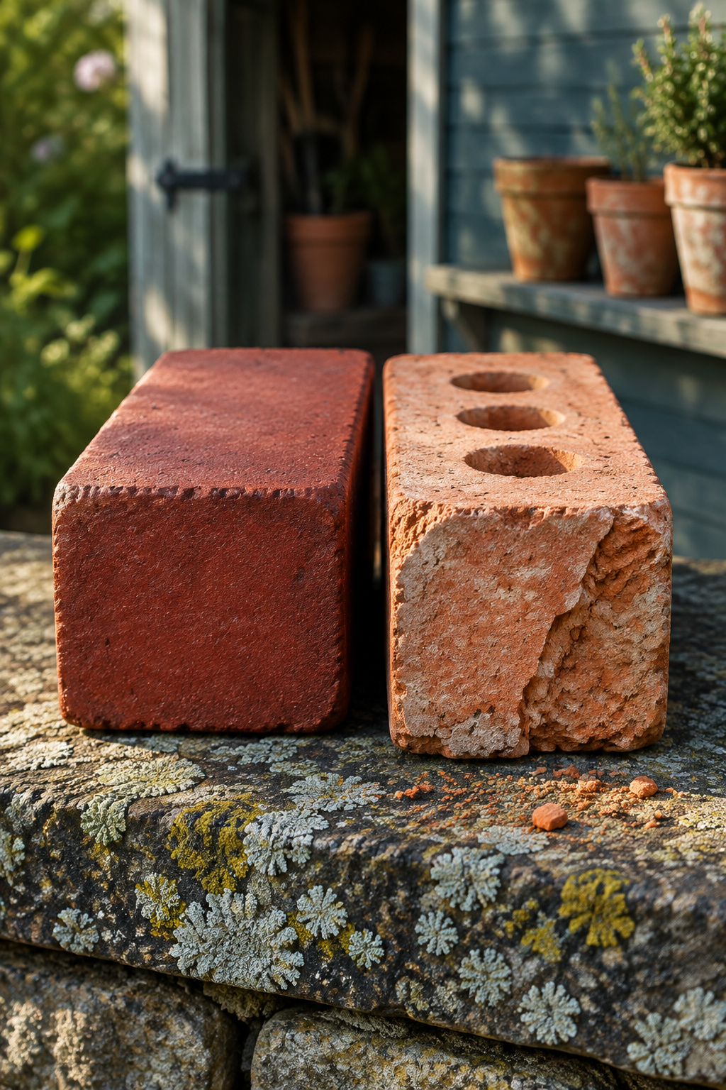 A dense dark solid paving brick next to a paler cored wall brick with a chipped face on a lichen-covered stone wall cap