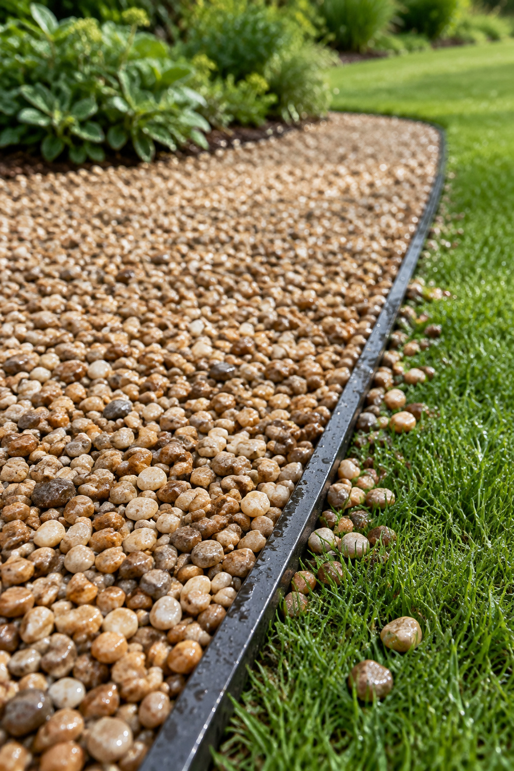 Tan pea gravel beside a thin dark steel edging strip with a few stones spilled onto the lawn