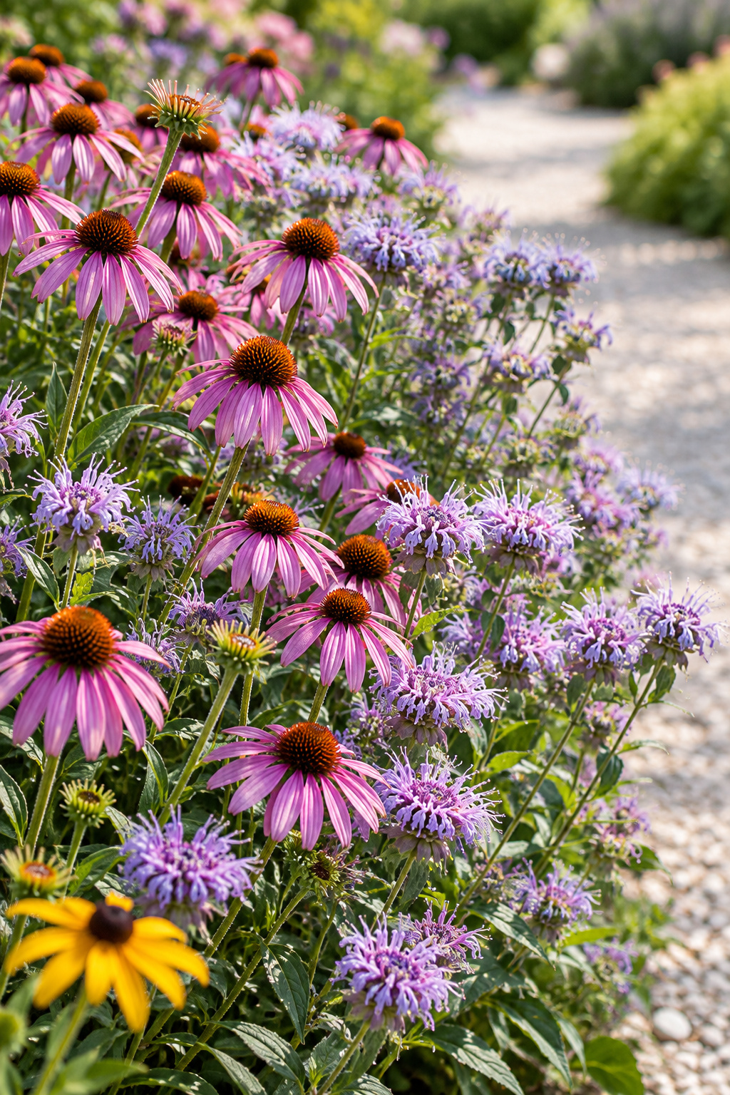 Dense mid-summer drift of purple coneflower and lavender bergamot massed together with a single butterscotch black-eyed Susan bloom at the edge