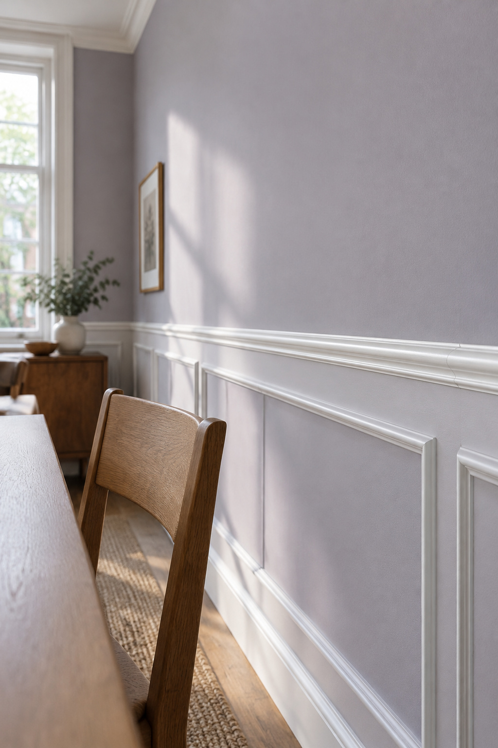 Chalk white picture frame trim on a lilac grey dining room wall with a plain wood chair pushed in below it and daylight raking across the trim